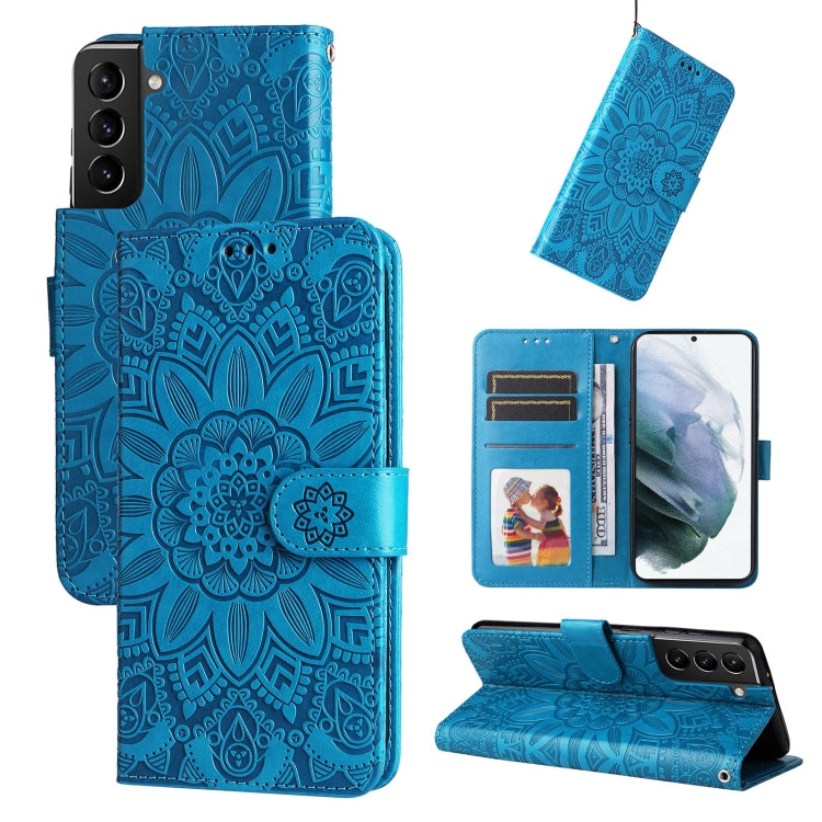 Para Samsung Galaxy S21+ 5G Estuche para teléfono de cuero con estampado de girasol en relieve (Azul)
