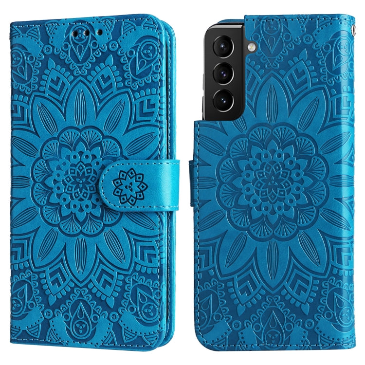 Para Samsung Galaxy S21+ 5G Estuche para teléfono de cuero con estampado de girasol en relieve (Azul)