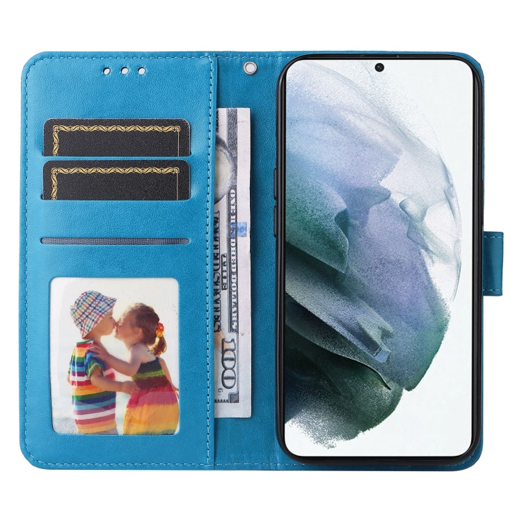 Para Samsung Galaxy S21+ 5G Estuche para teléfono de cuero con estampado de girasol en relieve (Azul)