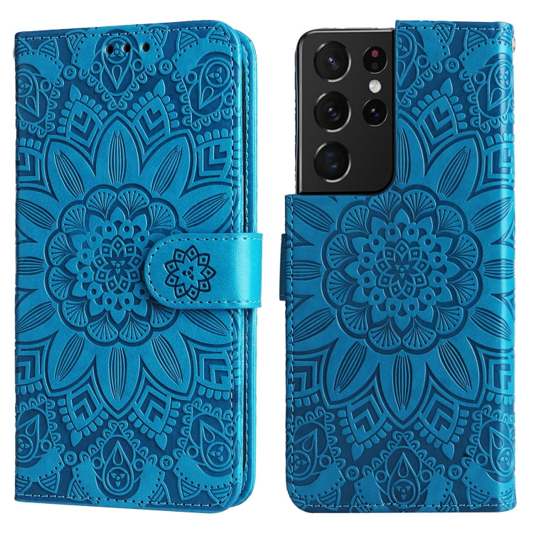 Para Samsung Galaxy S21 Ultra 5G Estuche para teléfono de cuero con estampado de girasol en relieve (azul)