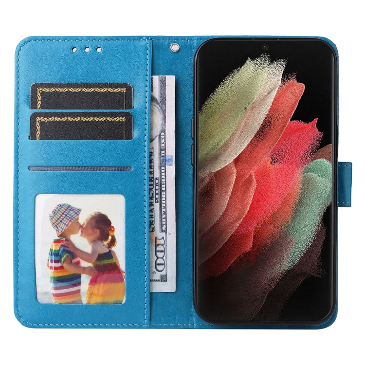 Para Samsung Galaxy S21 Ultra 5G Estuche para teléfono de cuero con estampado de girasol en relieve (azul)
