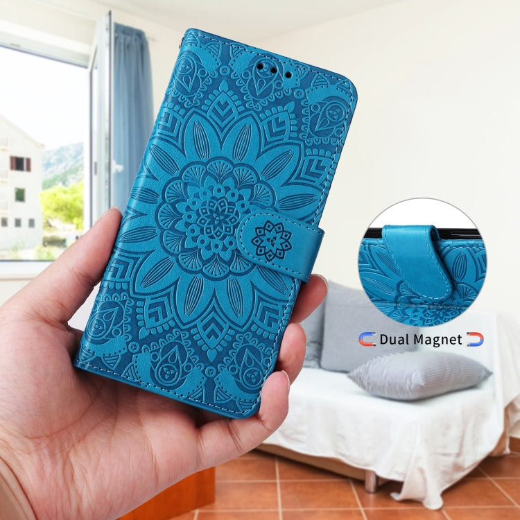 Para Samsung Galaxy S21 Ultra 5G Estuche para teléfono de cuero con estampado de girasol en relieve (azul)