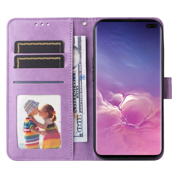 Para Samsung Galaxy S10+ Estuche para teléfono de cuero con estampado de girasol en relieve (púrpura)