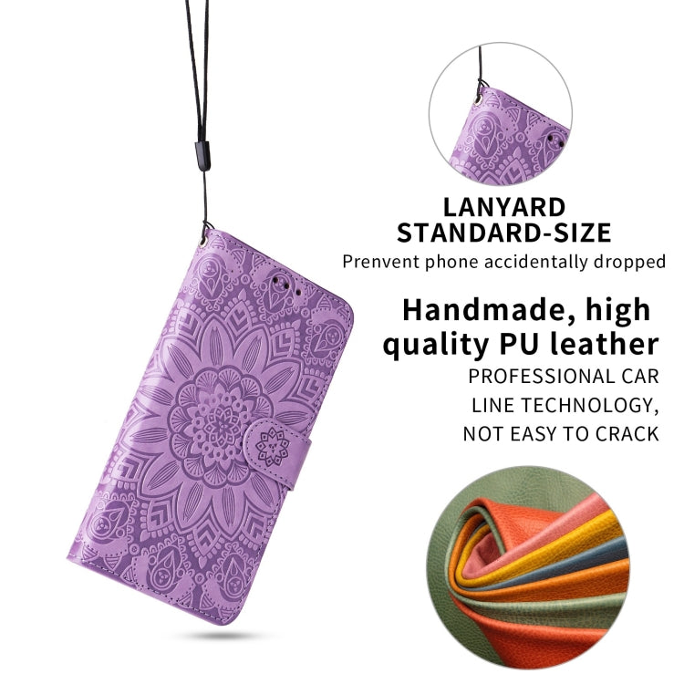 Para Samsung Galaxy S10+ Estuche para teléfono de cuero con estampado de girasol en relieve (púrpura)