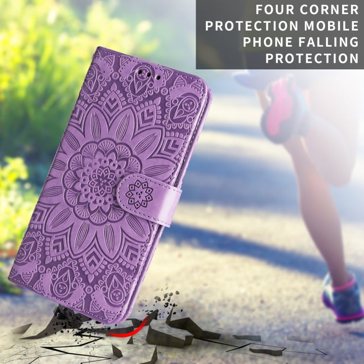 Para Samsung Galaxy S10+ Estuche para teléfono de cuero con estampado de girasol en relieve (púrpura)