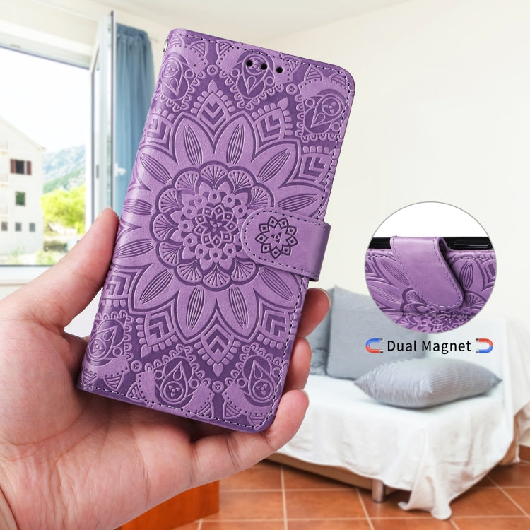 Para Samsung Galaxy S10+ Estuche para teléfono de cuero con estampado de girasol en relieve (púrpura)