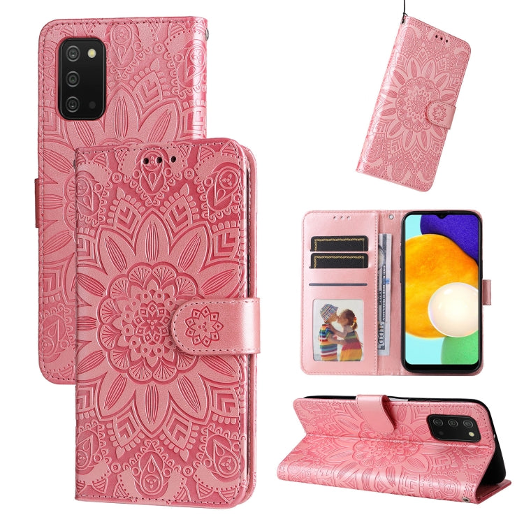 Para Samsung Galaxy A03s EU 166mm/ A02s US 166mm Estuche para teléfono de cuero con estampado de girasol en relieve (rosa)