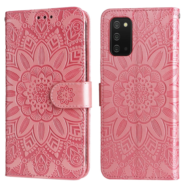 Para Samsung Galaxy A03s EU 166mm/ A02s US 166mm Estuche para teléfono de cuero con estampado de girasol en relieve (rosa)
