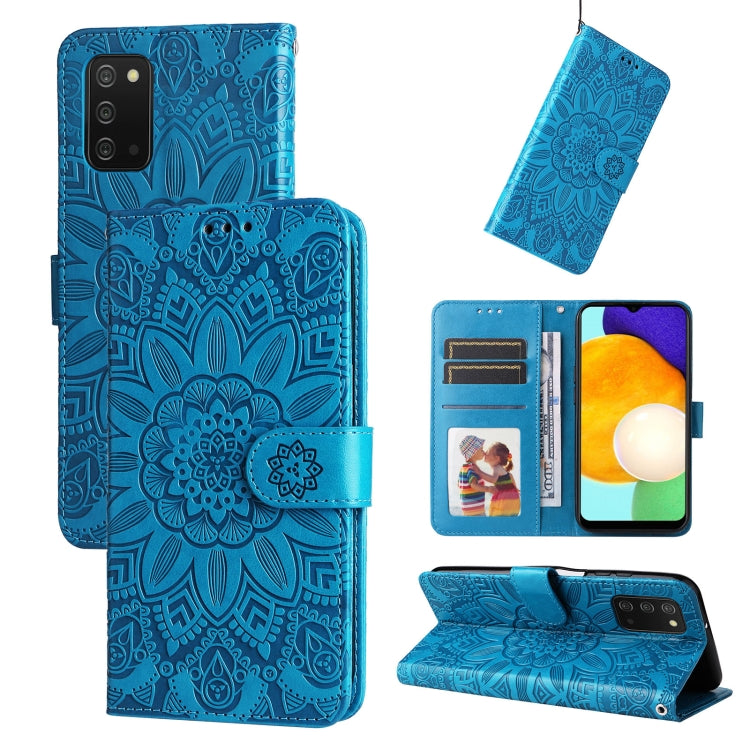 Para Samsung Galaxy A03s EU 166mm/ A02s US 166mm Estuche para teléfono de cuero con estampado de girasol en relieve (Azul)