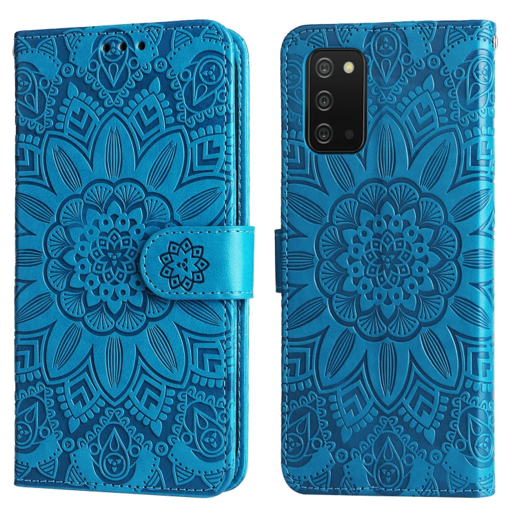 Para Samsung Galaxy A03s EU 166mm/ A02s US 166mm Estuche para teléfono de cuero con estampado de girasol en relieve (Azul)