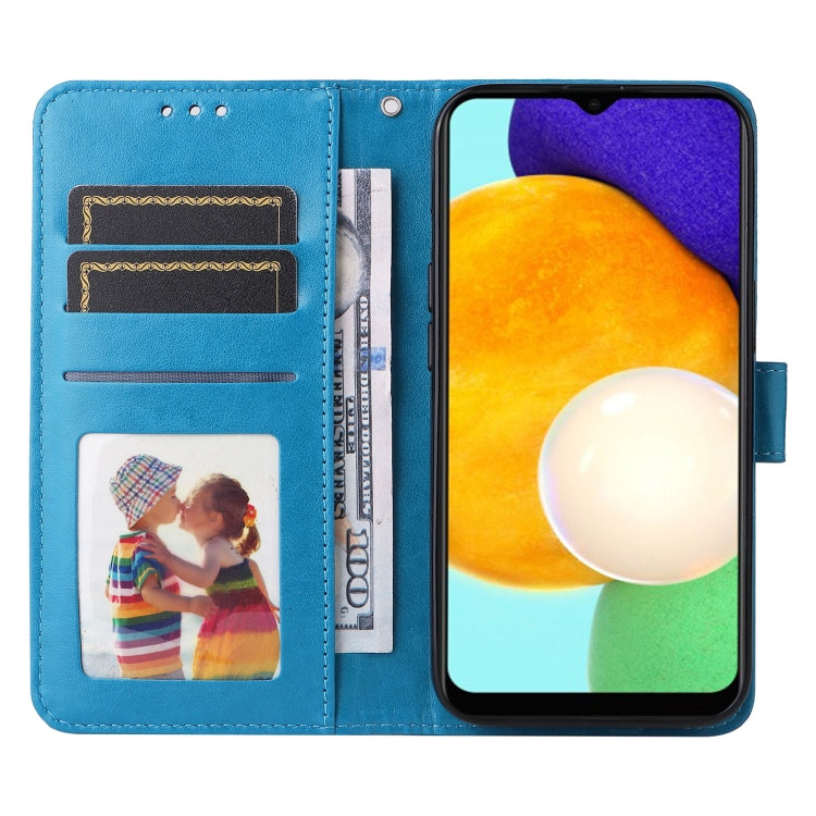Para Samsung Galaxy A03s EU 166mm/ A02s US 166mm Estuche para teléfono de cuero con estampado de girasol en relieve (Azul)