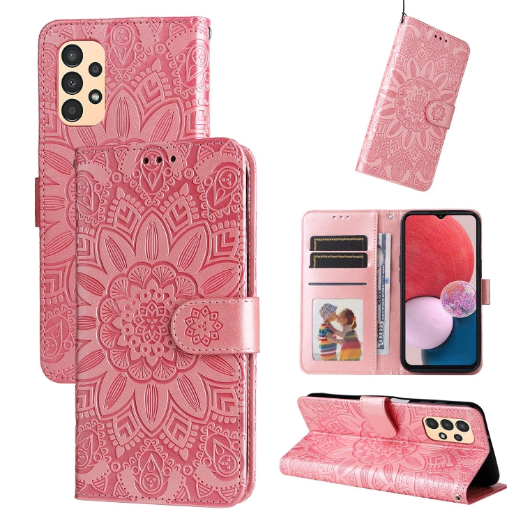 Para Samsung Galaxy A13 4G Estuche para teléfono de cuero con estampado de girasol en relieve (rosa)