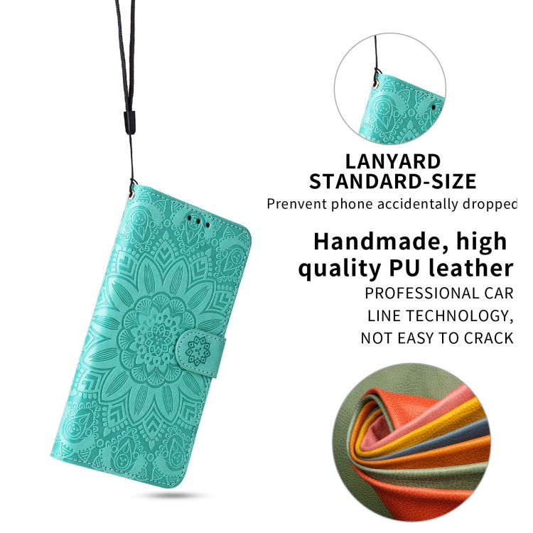 Para Samsung Galaxy A13 5G Estuche para teléfono de cuero con estampado de girasol en relieve (verde)
