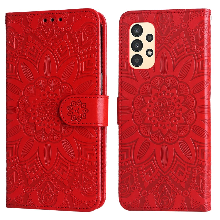 Para Samsung Galaxy A13 5G Estuche para teléfono de cuero con estampado de girasol en relieve (rojo)