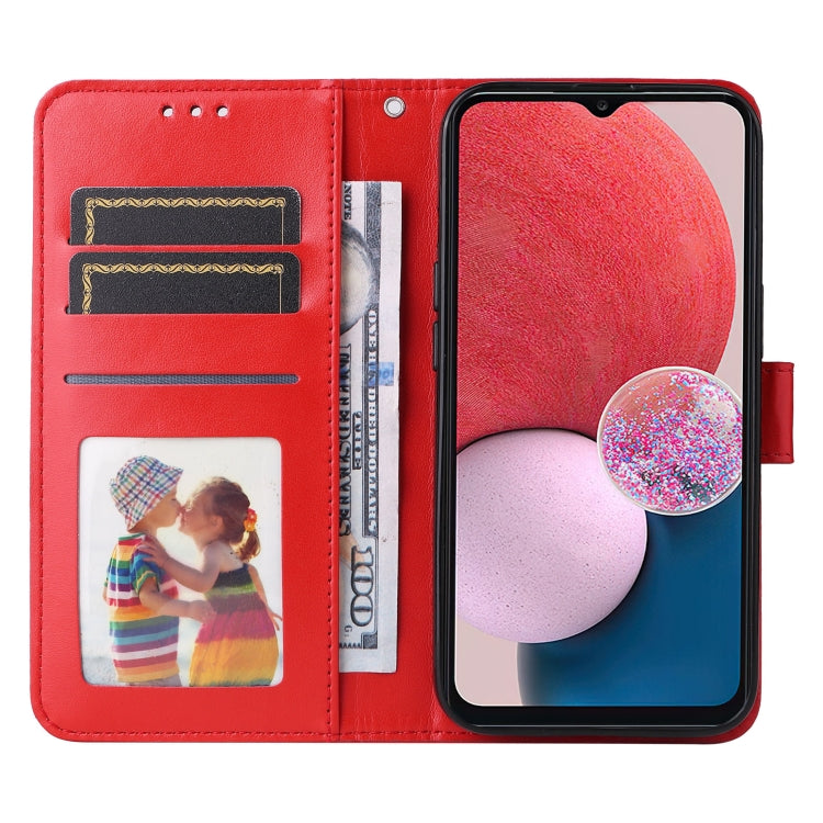 Para Samsung Galaxy A13 5G Estuche para teléfono de cuero con estampado de girasol en relieve (rojo)