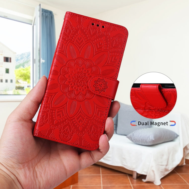 Para Samsung Galaxy A13 5G Estuche para teléfono de cuero con estampado de girasol en relieve (rojo)