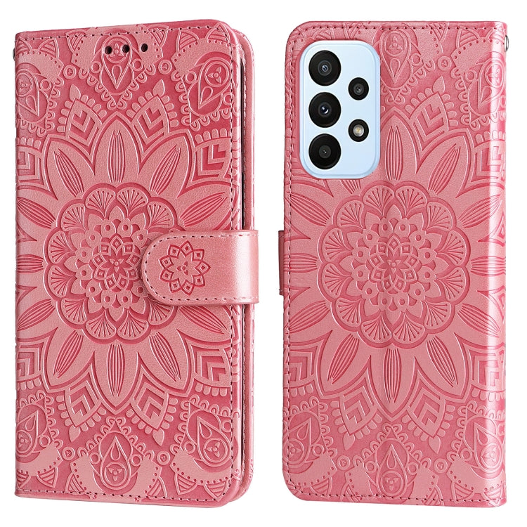 Para Samsung Galaxy A23 4G/5G / M23 5G / F23 5G Estuche para teléfono de cuero con estampado de girasol en relieve (rosa)