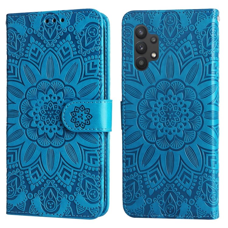 Para Samsung Galaxy A32 5G Estuche para teléfono de cuero con estampado de girasol en relieve (Azul)