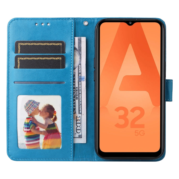 Para Samsung Galaxy A32 5G Estuche para teléfono de cuero con estampado de girasol en relieve (Azul)