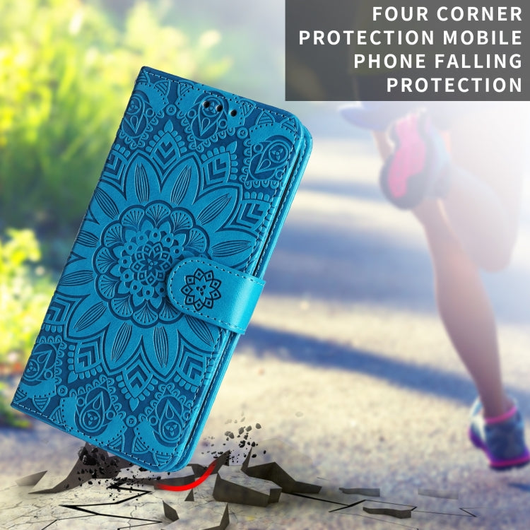 Para Samsung Galaxy A32 5G Estuche para teléfono de cuero con estampado de girasol en relieve (Azul)