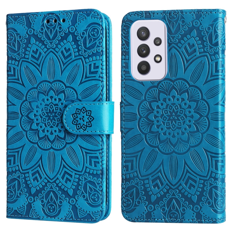 Para Samsung Galaxy A52 4G / 5G Funda de teléfono de cuero con estampado de girasol en relieve (Azul)
