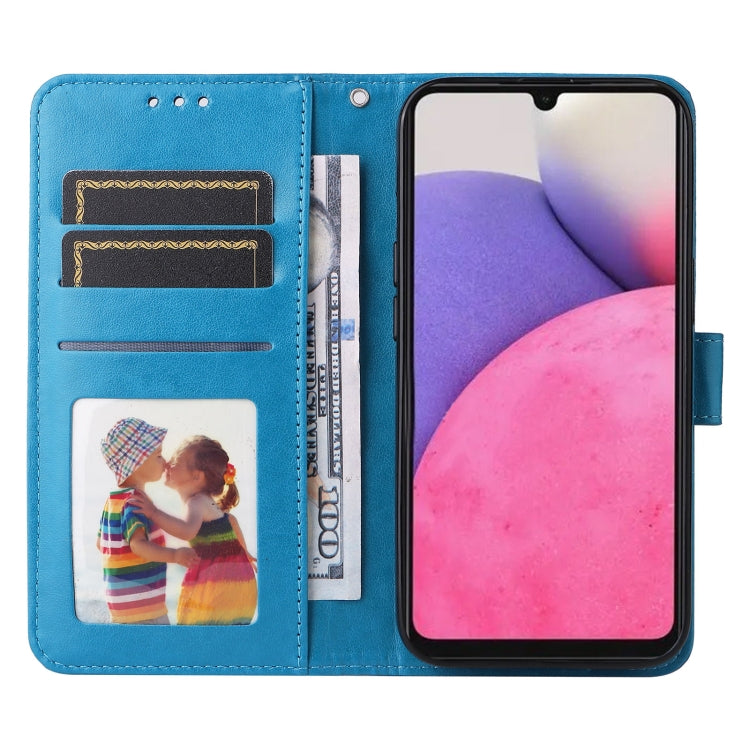 Para Samsung Galaxy A52 4G / 5G Funda de teléfono de cuero con estampado de girasol en relieve (Azul)