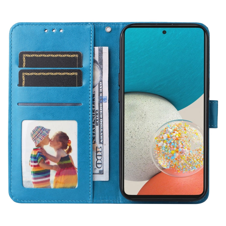 Para Samsung Galaxy A53 5G Estuche para teléfono de cuero con estampado de girasol en relieve (Azul)