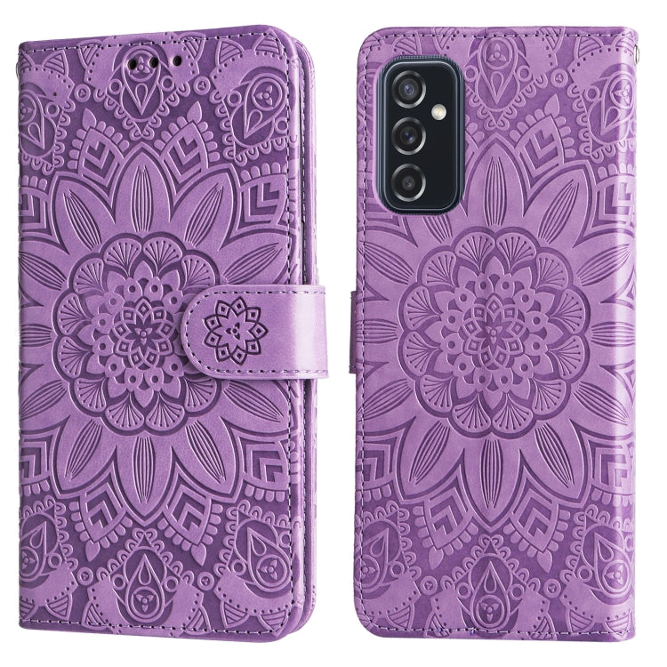 Para Samsung Galaxy M52 5G Estuche para teléfono de cuero con estampado de girasol en relieve (púrpura)