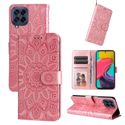 Estuche para Teléfono Samsung Galaxy M53 5G Cuero Estampado de Girasol En Relieve (Rosa)