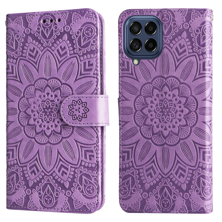 Para Samsung Galaxy M53 5G Estuche para teléfono de cuero con estampado de girasol en relieve (púrpura)