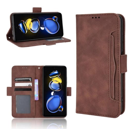 Para Xiaomi Redmi Note 11T Pro 5G Skin Feel Becerro Textura Ranuras para tarjetas Funda de cuero para teléfono (Marrón)