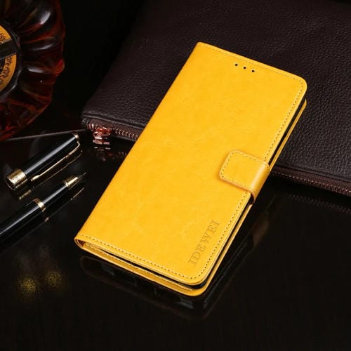 Para Huawei P40 Lite E idewei Crazy Horse Texture Funda de cuero con tapa horizontal con soporte, ranuras para tarjetas y billetera (amarillo)