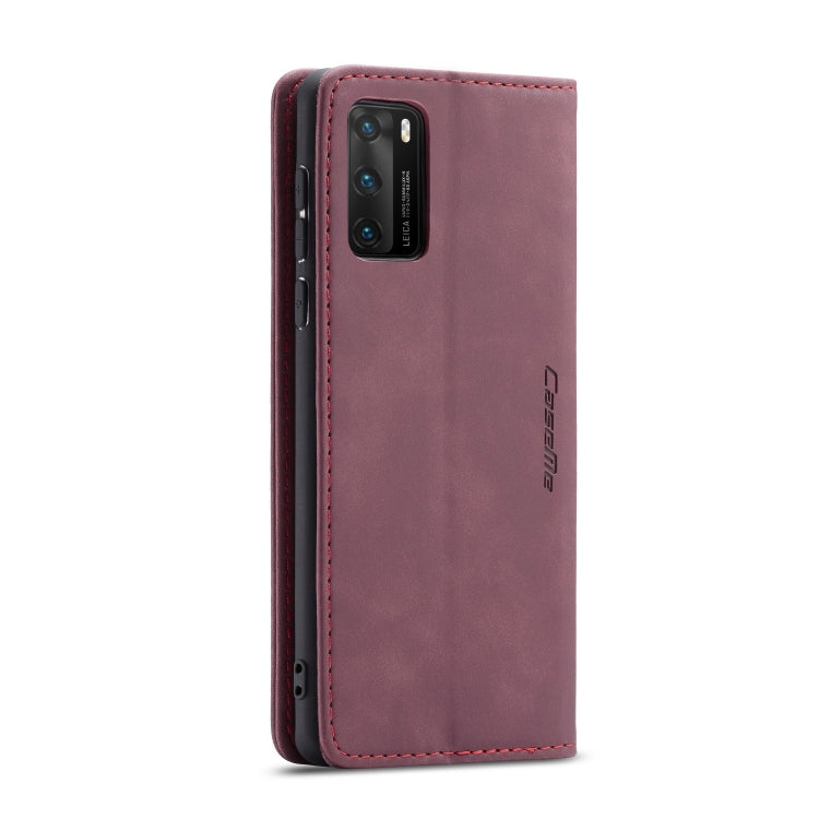 Para Huawei P40 CaseMe-013 Estuche de cuero con tapa horizontal multifuncional con ranura para tarjeta, soporte y billetera (rojo vino)