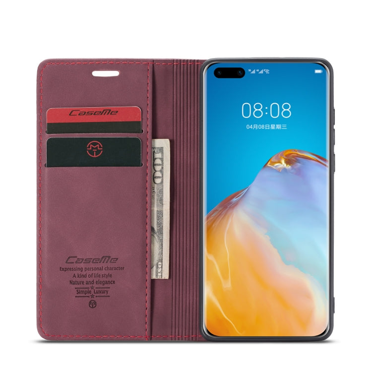 Para Huawei P40 CaseMe-013 Estuche de cuero con tapa horizontal multifuncional con ranura para tarjeta, soporte y billetera (rojo vino)