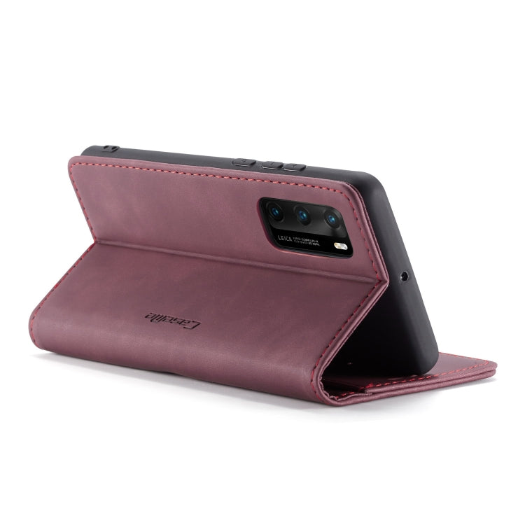 Para Huawei P40 CaseMe-013 Estuche de cuero con tapa horizontal multifuncional con ranura para tarjeta, soporte y billetera (rojo vino)