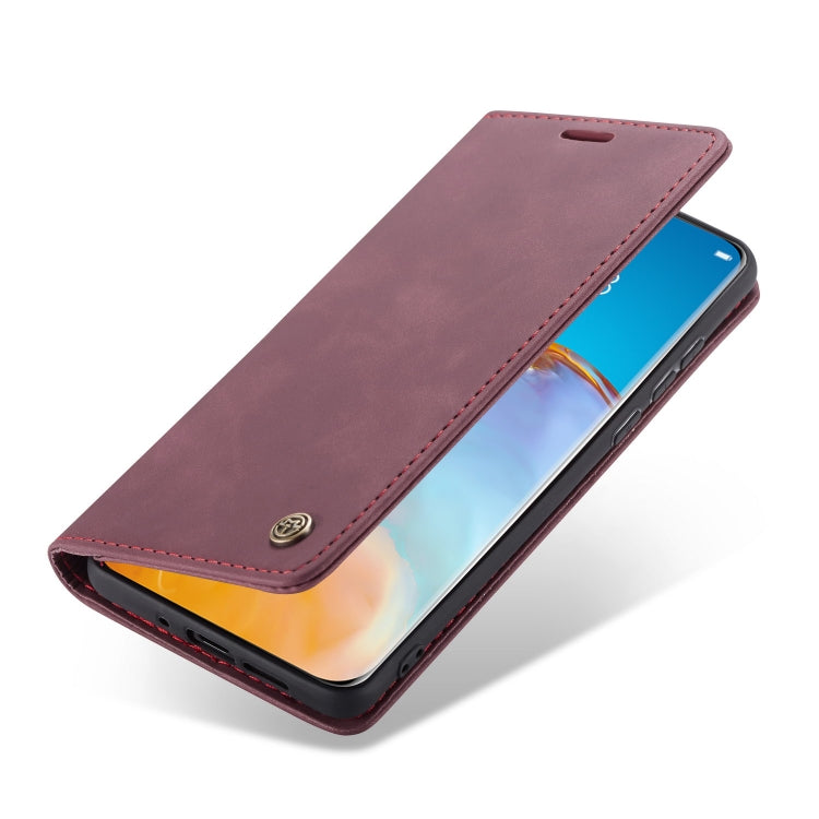 Para Huawei P40 CaseMe-013 Estuche de cuero con tapa horizontal multifuncional con ranura para tarjeta, soporte y billetera (rojo vino)