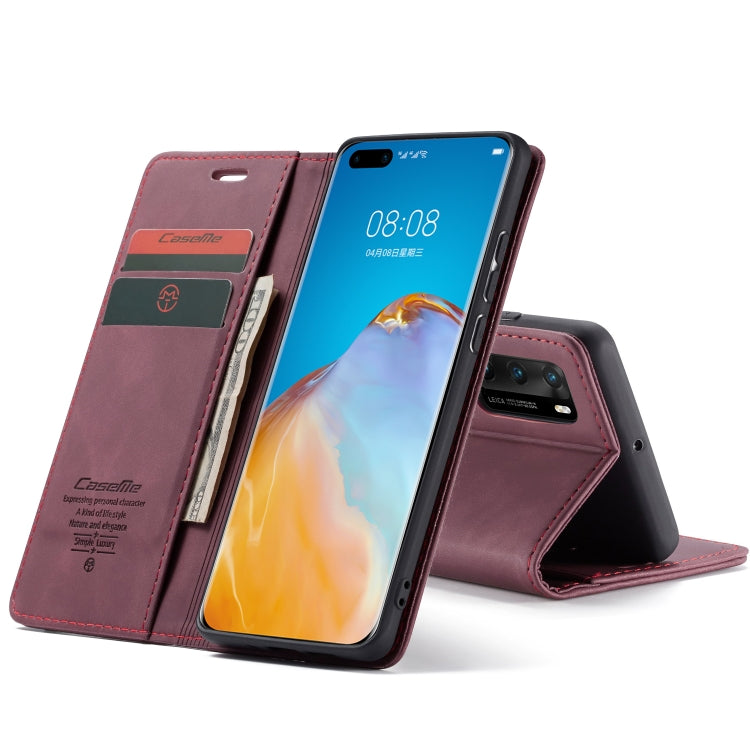 Para Huawei P40 CaseMe-013 Estuche de cuero con tapa horizontal multifuncional con ranura para tarjeta, soporte y billetera (rojo vino)