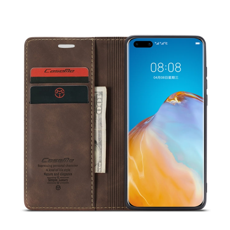 Para Huawei P40 CaseMe-013 Estuche de cuero con tapa horizontal multifuncional con ranura para tarjeta, soporte y billetera (café)