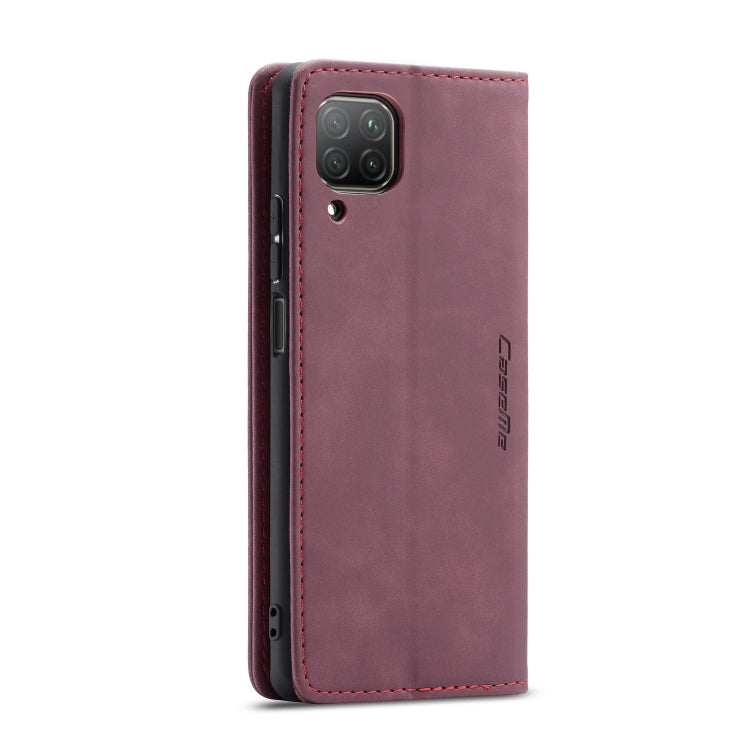 Para Huawei P40 Lite CaseMe-013 Estuche de cuero con tapa horizontal multifuncional con ranura para tarjeta, soporte y billetera (rojo vino)