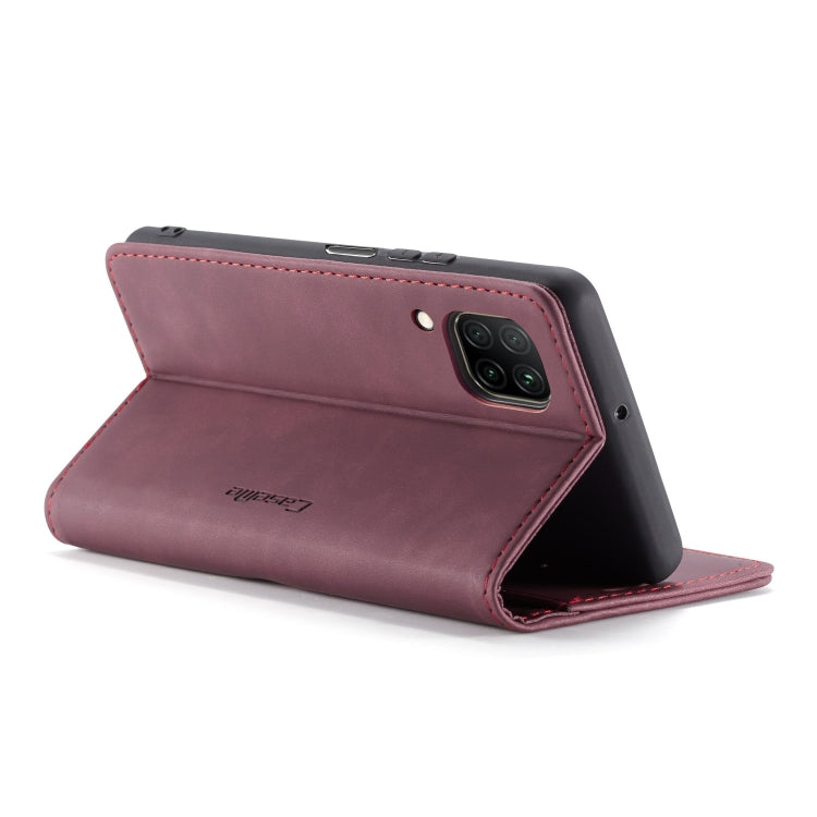 Para Huawei P40 Lite CaseMe-013 Estuche de cuero con tapa horizontal multifuncional con ranura para tarjeta, soporte y billetera (rojo vino)