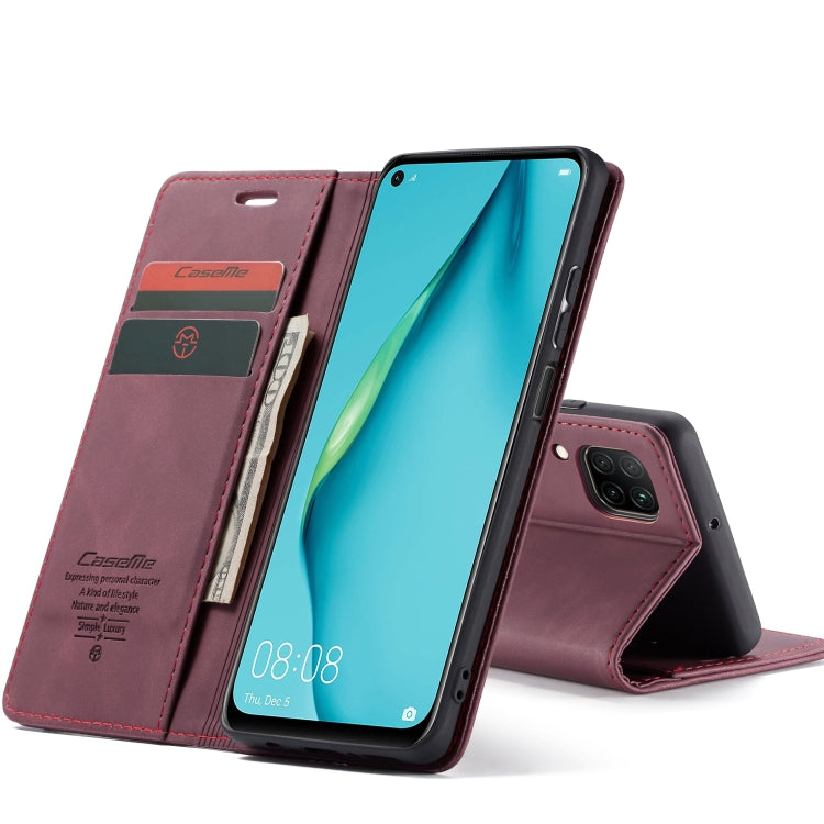 Para Huawei P40 Lite CaseMe-013 Estuche de cuero con tapa horizontal multifuncional con ranura para tarjeta, soporte y billetera (rojo vino)
