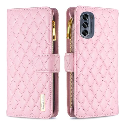 Para Motorola Moto G62 Diamond Lattice Zipper Wallet Funda de cuero con tapa para teléfono (rosa)