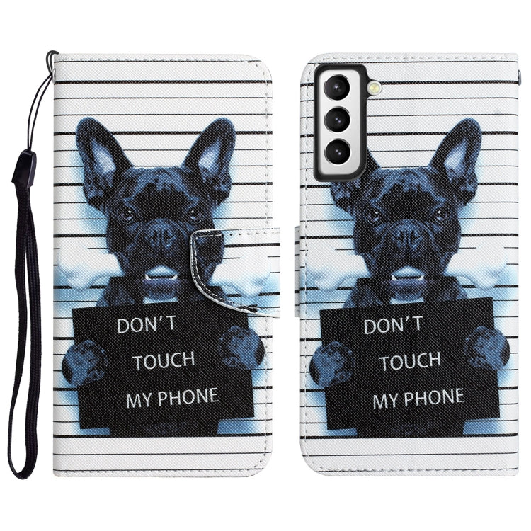Para Samsung Galaxy S21 5G Estuche para teléfono de cuero con dibujo coloreado (perro negro)