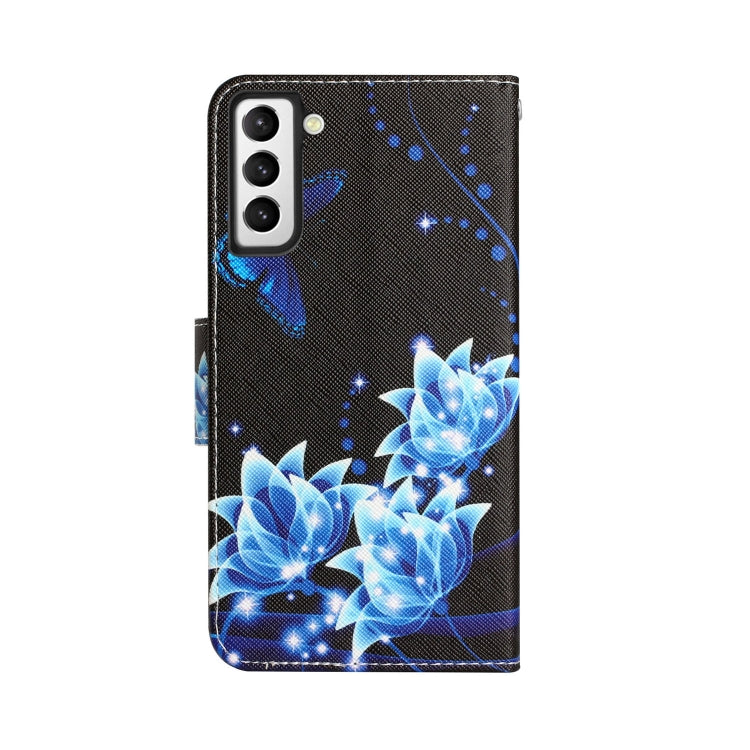 Para Samsung Galaxy S21 FE 5G Estuche para teléfono de cuero con dibujo coloreado (mariposa azul)