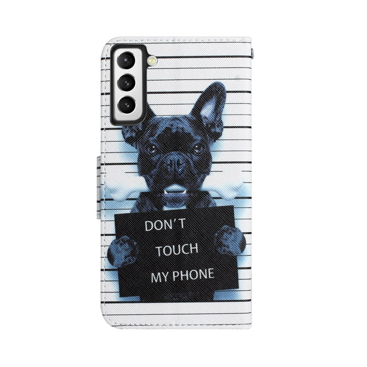 Para Samsung Galaxy S21 FE 5G Estuche para teléfono de cuero con dibujo coloreado (perro negro)