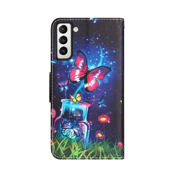 Para Samsung Galaxy S21+ 5G Estuche para teléfono de cuero con dibujo coloreado (mariposa de botella)