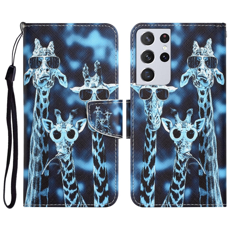Para Samsung Galaxy S21 Ultra 5G Estuche para teléfono de cuero con dibujo coloreado (jirafas)