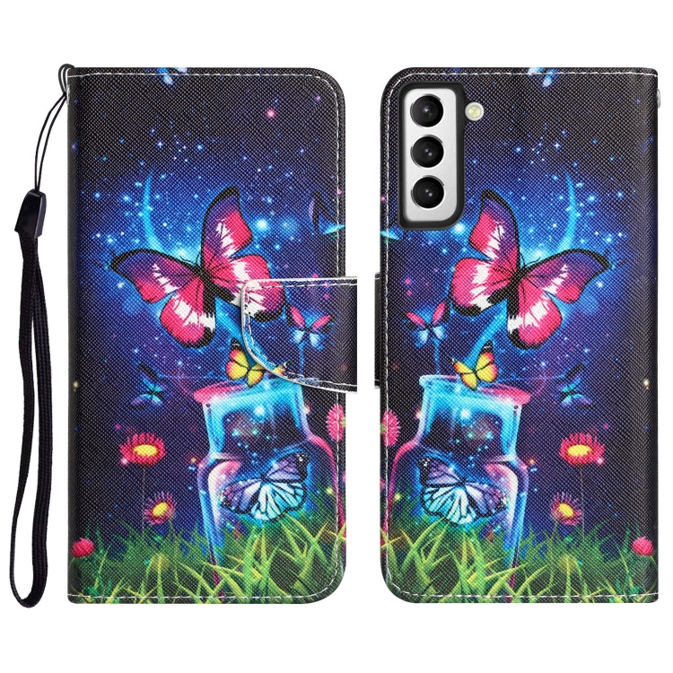 Para Samsung Galaxy S22 5G Estuche de teléfono de cuero con dibujo coloreado (mariposa de botella)