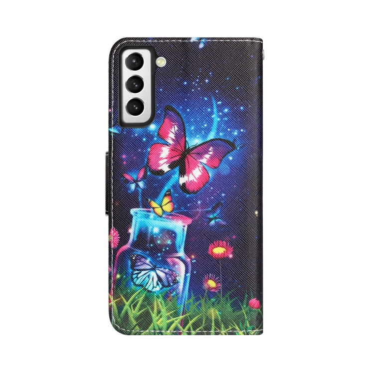 Para Samsung Galaxy S22 5G Estuche de teléfono de cuero con dibujo coloreado (mariposa de botella)
