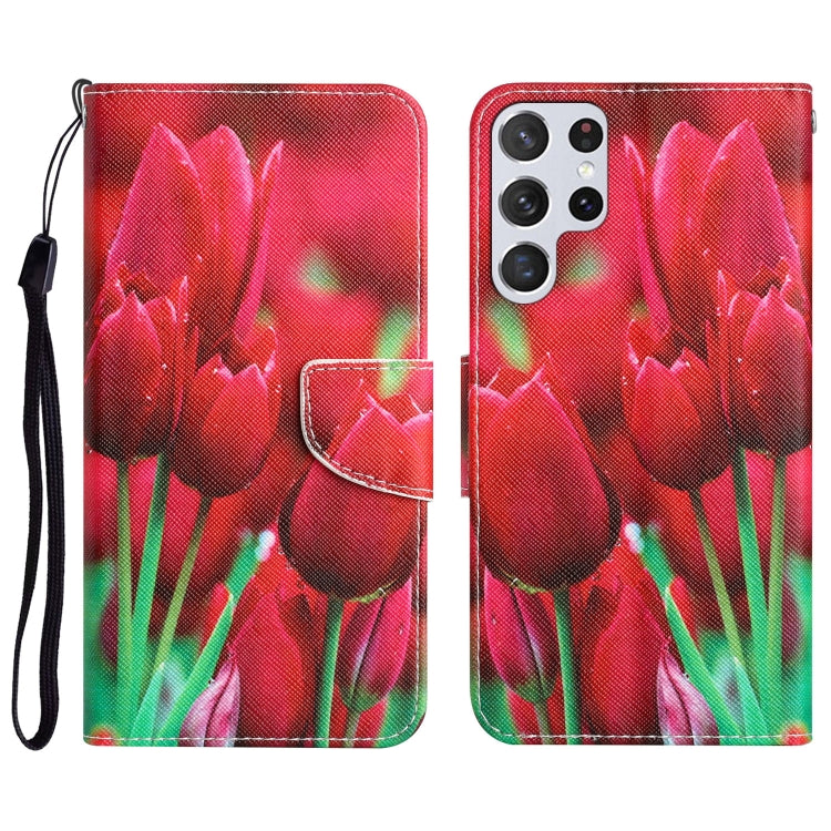 Para Samsung Galaxy S22 Ultra 5G Estuche para teléfono de cuero con dibujo coloreado (Tulipanes)